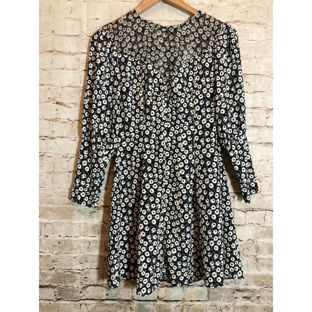 Topshop Womens 4 Navy Wish Flower Print Milkmaid Babydoll Mini Dress Long Sleeve